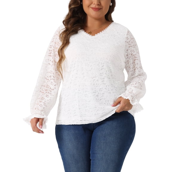Agnes Orinda Women's Plus Size Top Floral Lace Double Layer V Neck Sheer Long Sleeve Dressy Casual Tunic Blouses 1X White
