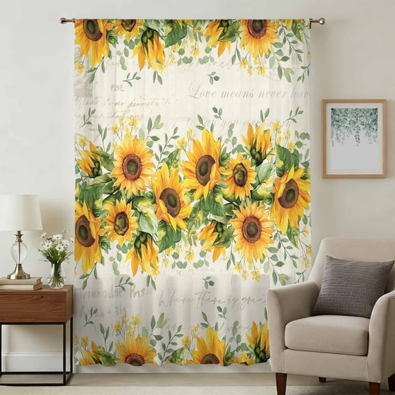 Sunflower Sheer Curtains 63 Inches Long, Country Botanical Yellow Green Floral Leaf Light Filering Curtains, Breathable Simi Curtain Privacy Drapes for Living Room Bedroom Window Treatment