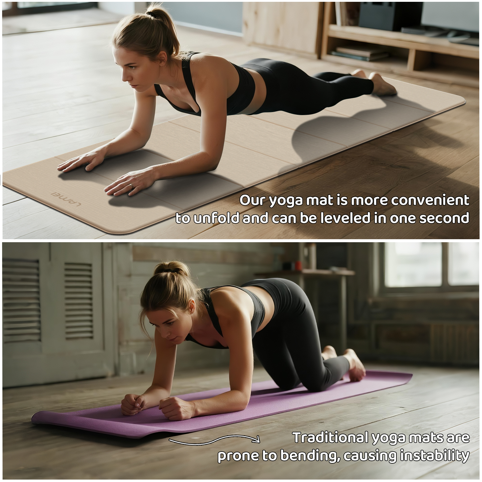 LAMEI 8mm Thick Foldable Yoga Mat - 3-in-1 Folding TPE Non-Slip Mat for All-Level Yoga, Tear-Resistant & Quick-Flat Design, 71x24in (Beige+Black)