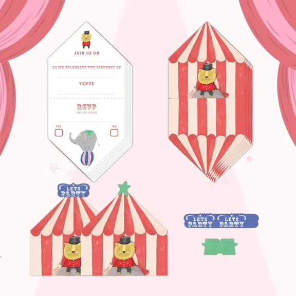 Carnival Circus Invitation Cards with Stickers, 12 Sets