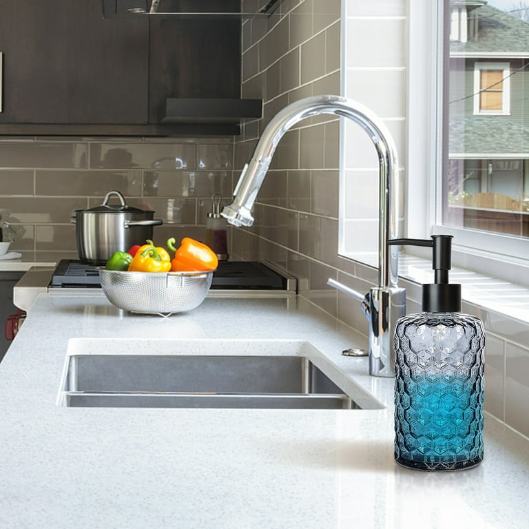 Glass Soap Dispenser Honeycomb Design, 16 Ounce Kitchen Soap Dispenser for Bathroom, Hand Soap, Dish Soap (Grayish Blue), Size: 3.1 x 7.7