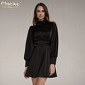 Clacive Fashion Stand Collar Satin Women Dresses Autumn Elegant Long Sleeve Backless Mini Dress Casual Sliim Pleated Dress RobeL&China Gao Jinjia LED
