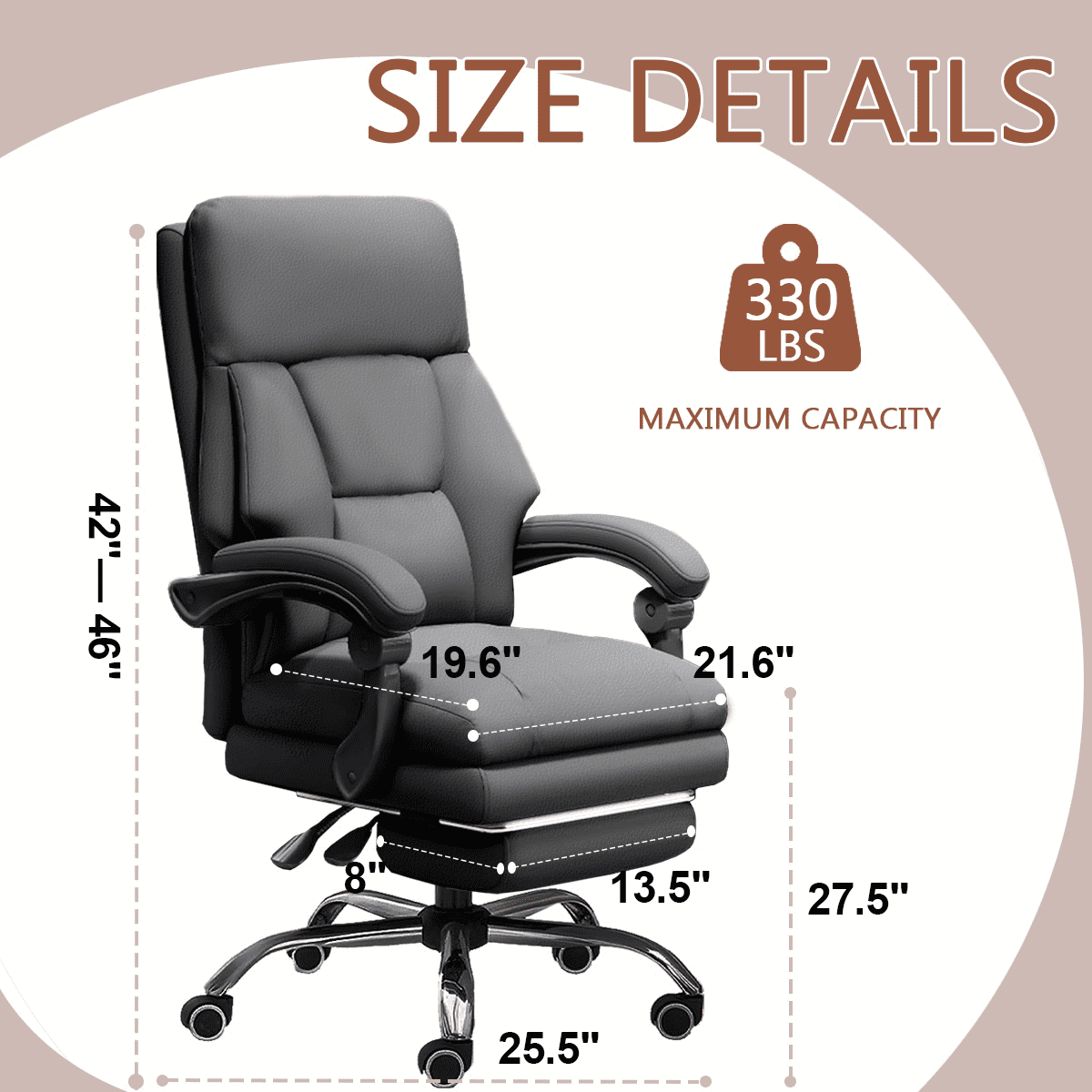XUEGW Executive Office Chair Comfortable Desk Chairs with Foot Rest High Back Computer Gaming Chairs Reclining PU Leather Work Chair for Home Office,Gray