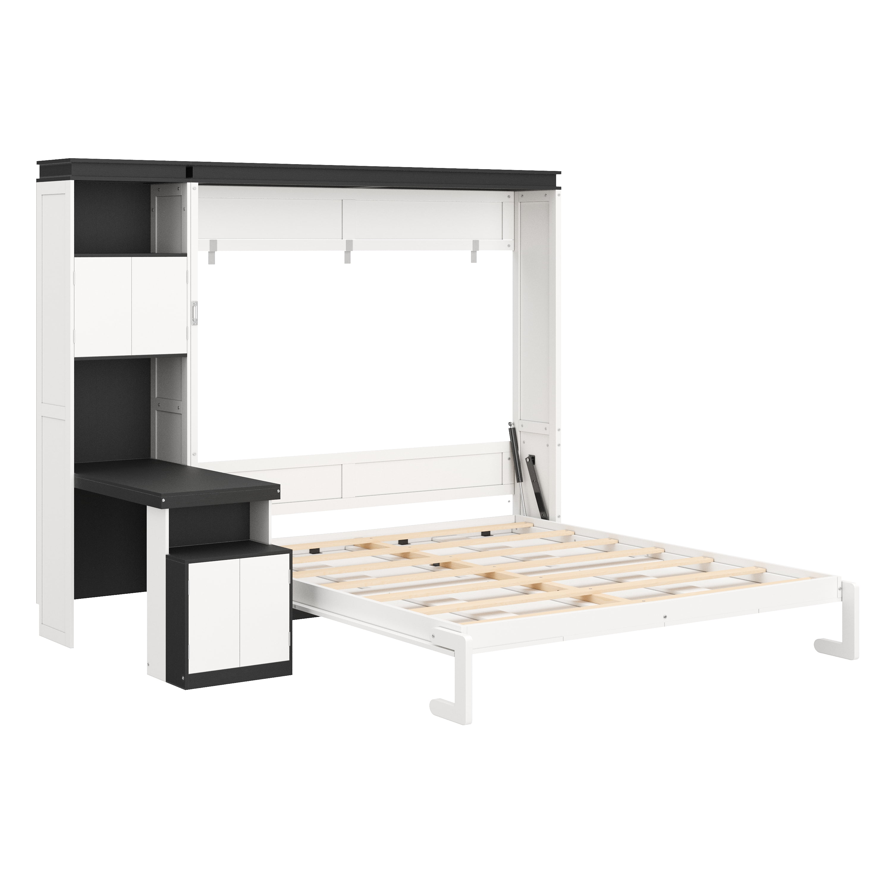 Queen Size Murphy Bed with Desk and Storage Shelves and Cabinets for Small Space, Guest Room