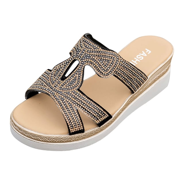 Platform Sandals Women Slide Wedge Rhinestone Soft Sole Non Slip Beach Summer Slide Sandals Black