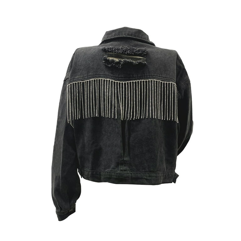 Womens Denim Jackets Coat Destroyed Tassel Chain Cropped Jean