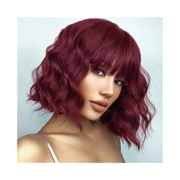 Red Short Deep Wavy Bob 100% Human Hair Wig With Bangs for Women