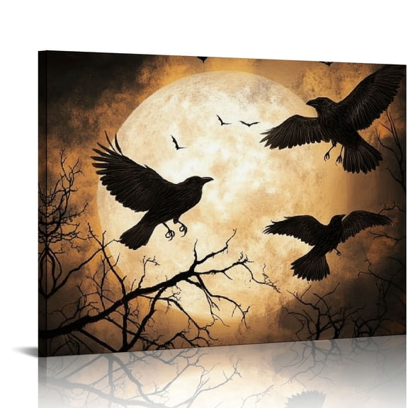 Crow Canvas Wall Art Gothic Black Bird on Branch Painting Pictures Spooky Forest Full Moon Artwork