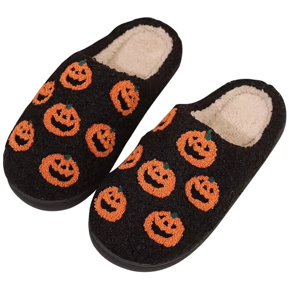 1 Pair Plush Pumpkin Slippers Closed Toe Slippers Casual House Sliders for Women Men Halloween Indoor Outdoor Footwear