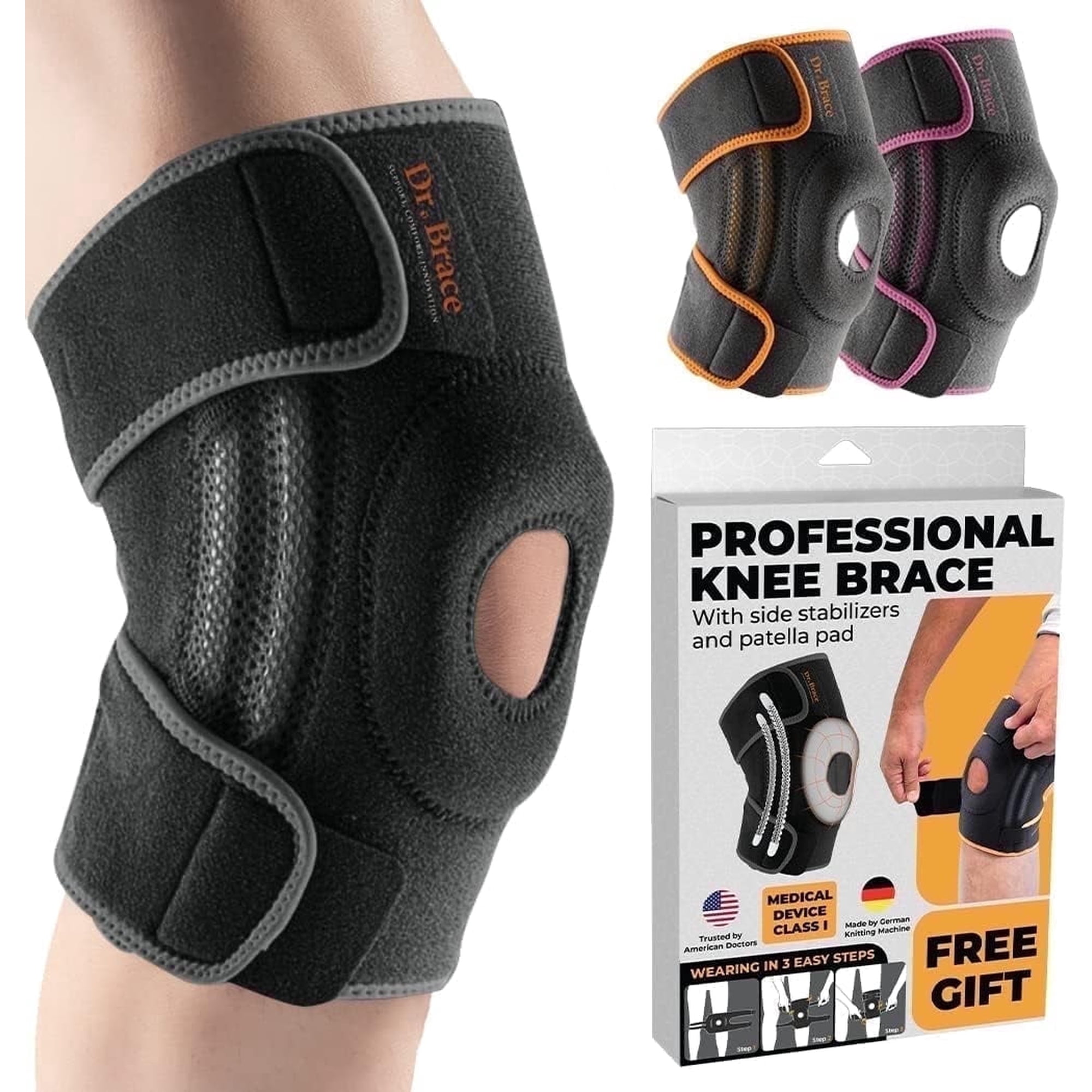 DR. BRACE Compression Knee Brace with Side Stabilizers & Patella Gel Pads, Knee Support for Knee Pain, Running & Sports, Men & Women (Mercury, Medium)