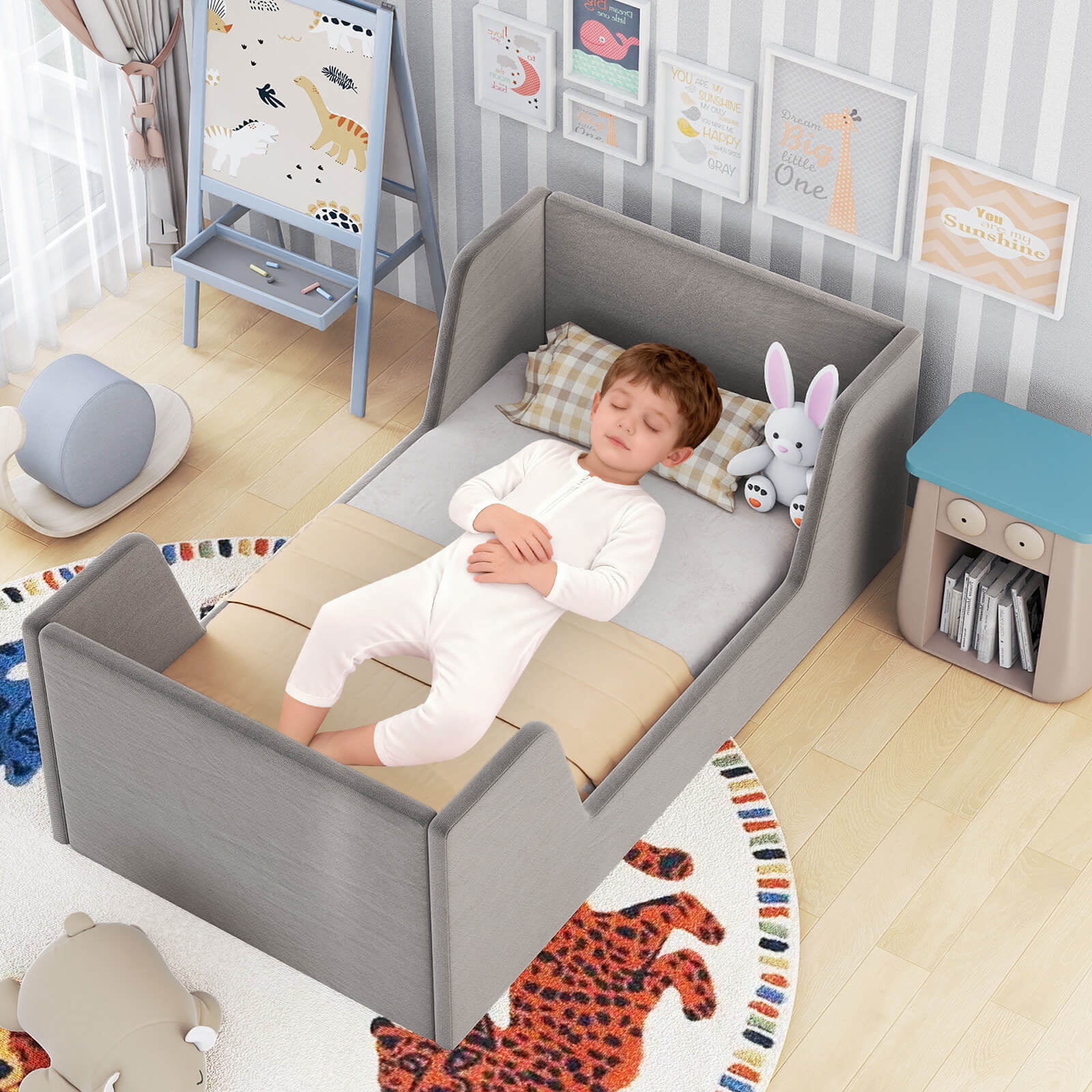 Costway Soft Velvet Fabric Upholstered Children Floor Bed with Safety Rails & Headboard Gray