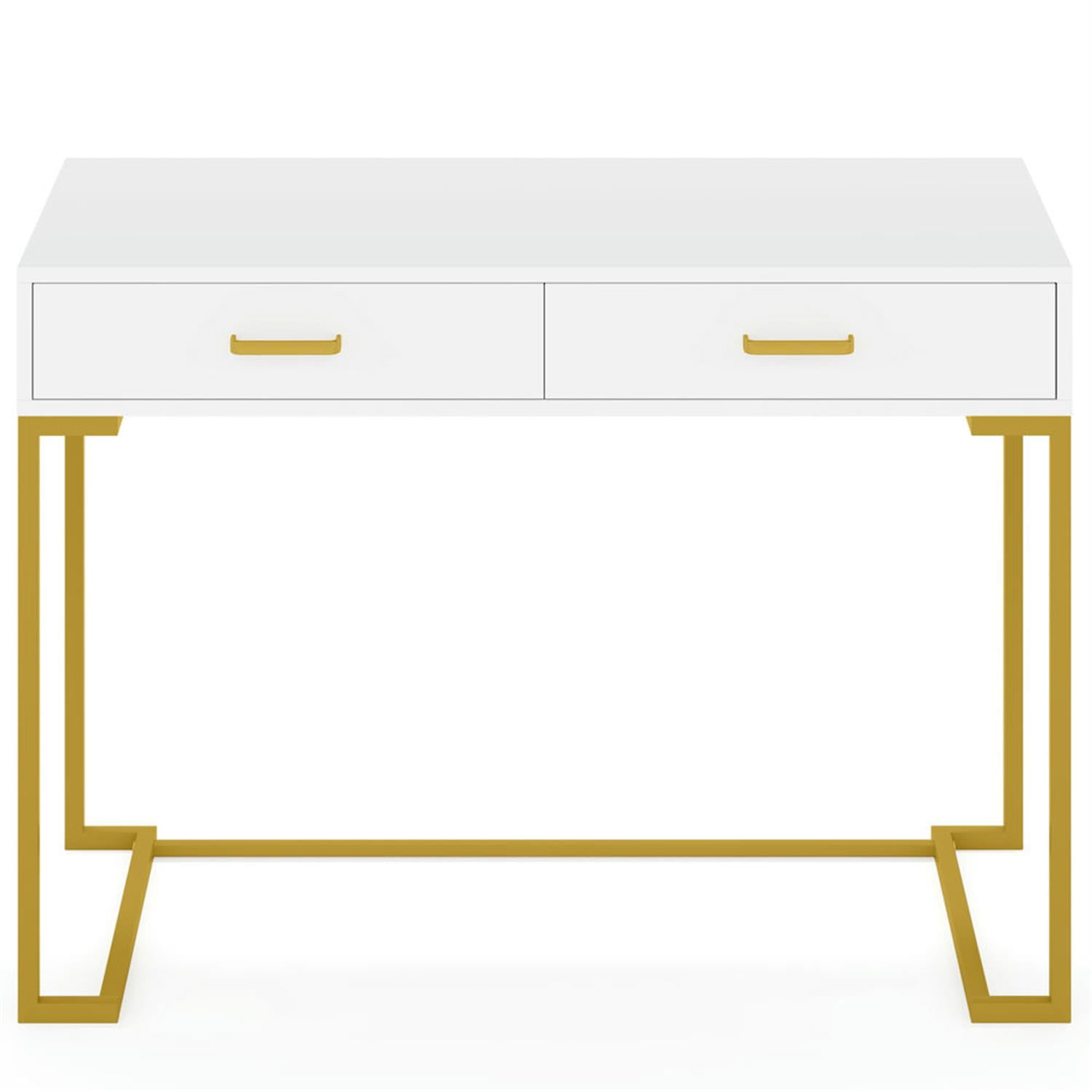 Demi Bonn 39" Computer Desk with 2 Storage Drawers, Modern Study Writing Gaming Table for Home Office, Makeup Vanity Desk, White & Gold