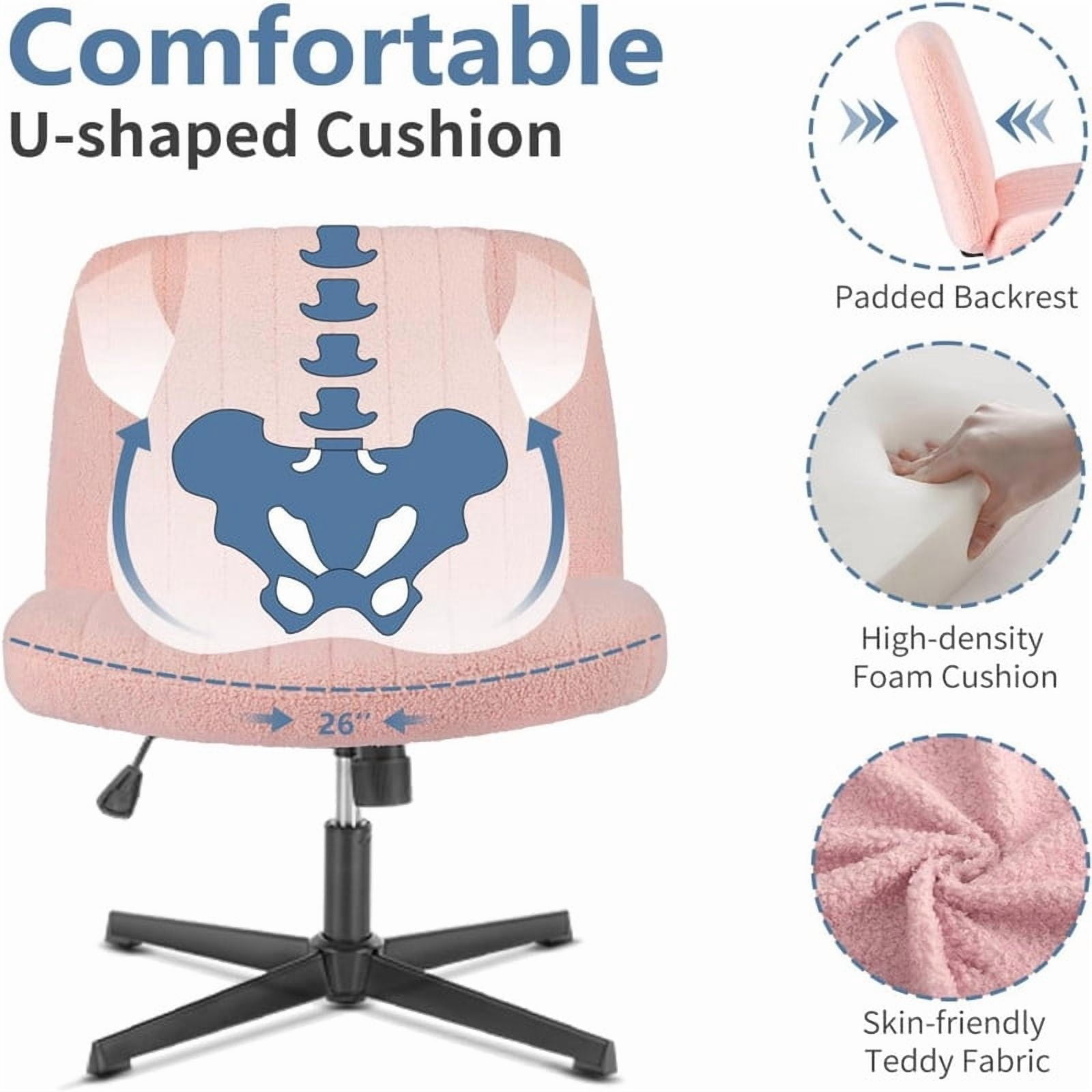 Kelno Teddy Cross Legged Desk Chair Wide Seat Chair Ergonomic Height Adjustable Swivel Office Vanity Chair, Pink