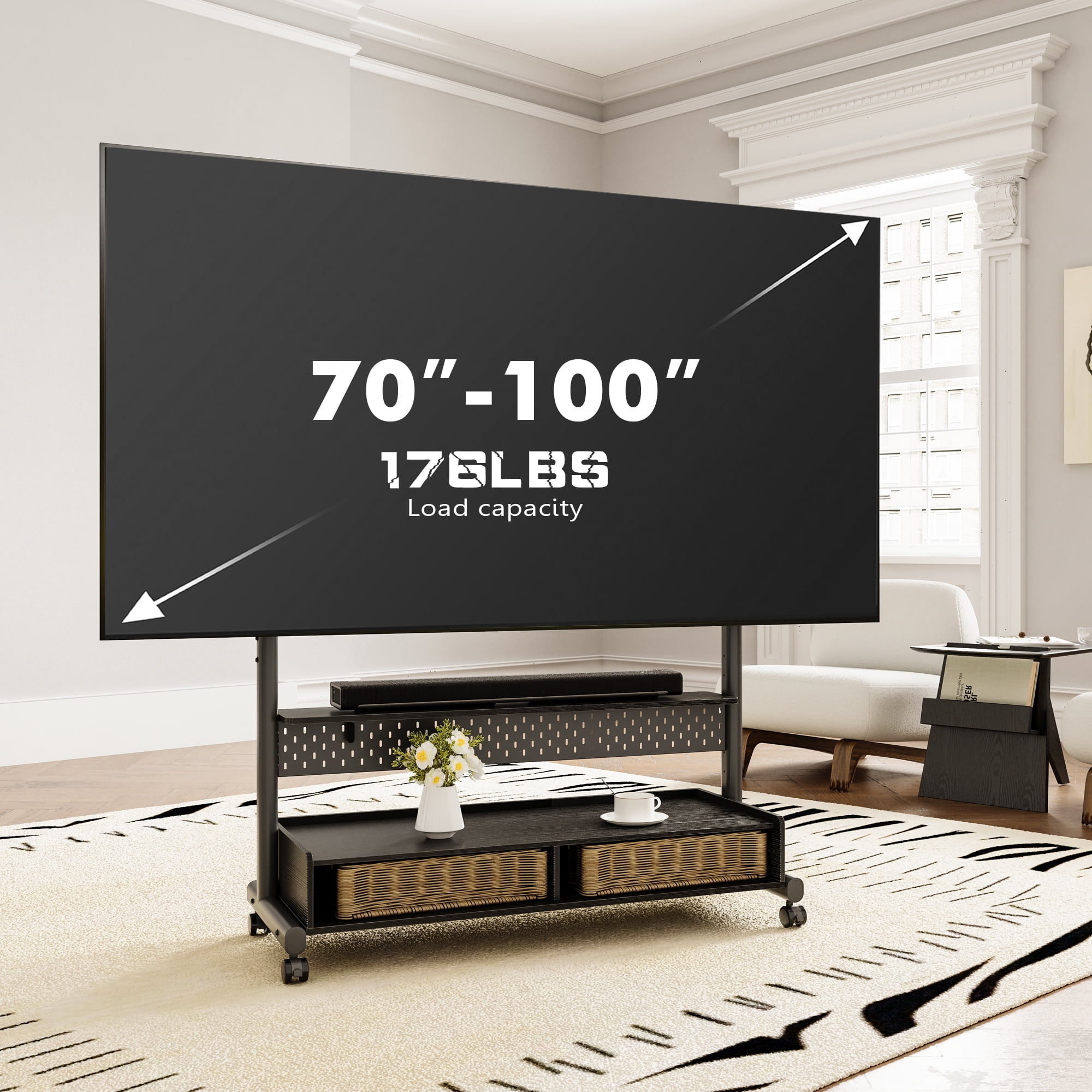 FITUEYES Rolling TV Stand with Wheels for 70-100 inch TVs,with Two Wooden Large Storage,Black