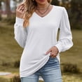 thumbnail image 2 of WREESH Womens Fashion Tunic Tops Solid Color Loose V-Neck Long Sleeve T-Shirt Mesh Bubble Sleeve Pullover White, 2 of 4