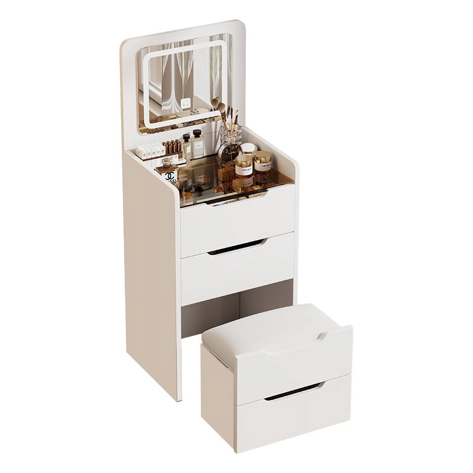 3 in 1 Vanity Desk with Mirror,Make Up Vanity Set with Glass Desktop Cushioned Tool,Dressing Table for Bedroom White