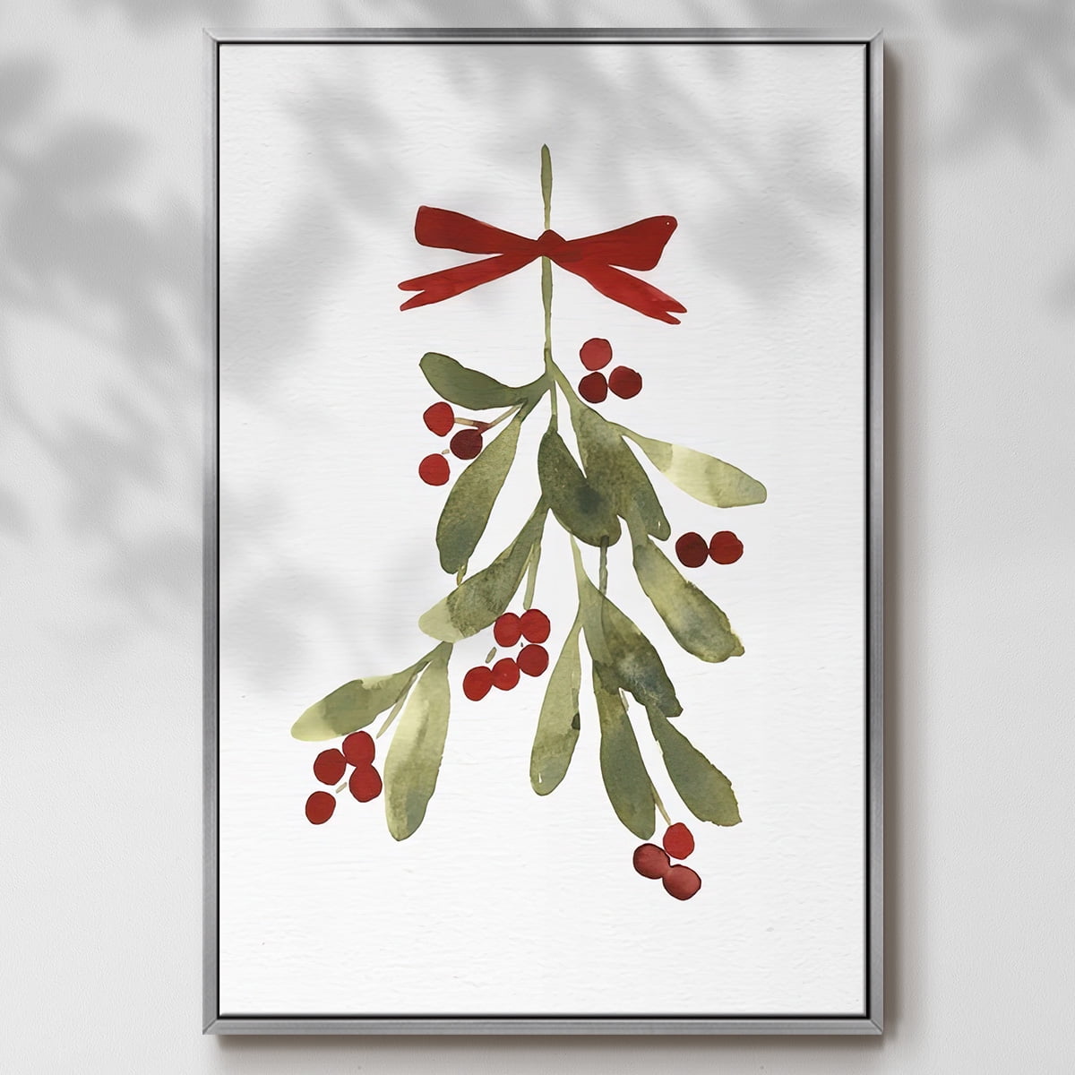 Mistletoe Bow I - Framed Gallery Wrapped Holiday Canvas - 27 x 41 - Silver Frame