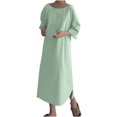 thumbnail image 2 of Puntoco Vestido De Verano De Algodón Y Lino De Color Sólido Para Mujer, Vestido De Manga Corta Con Cuello Redondo, Verde S,Regalos Para Mujer Joven, 2 of 6