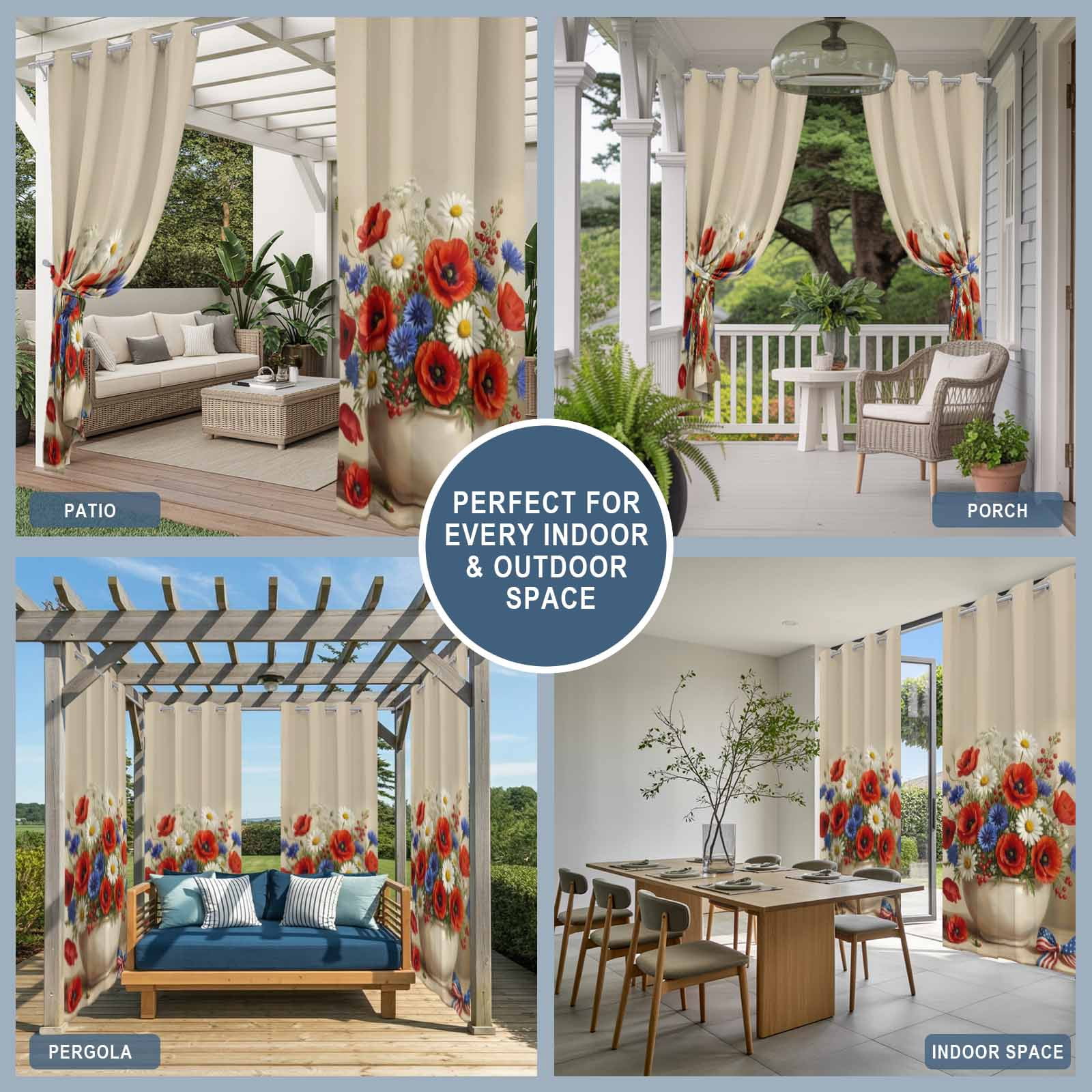 Independence Day Outdoor Curtains for Patio, Summer Red Blue White Floral Vase Sunshade Privacy Drapes Grommet Waterproof Outside Curtains for Porch/Cabana/Balcony 54"x 108", 1 Panel
