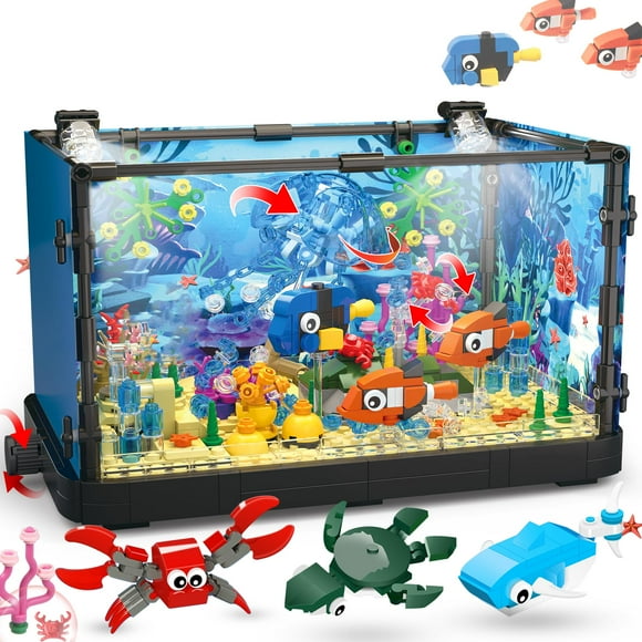 Fish Tank Building Block, Lighting Aquarium Building Sets for Adults and Kids Including Ocean Jellyfish, Dolphin, Turtle, Crab, Animal Building Toys for Boys Age 8-12, 72