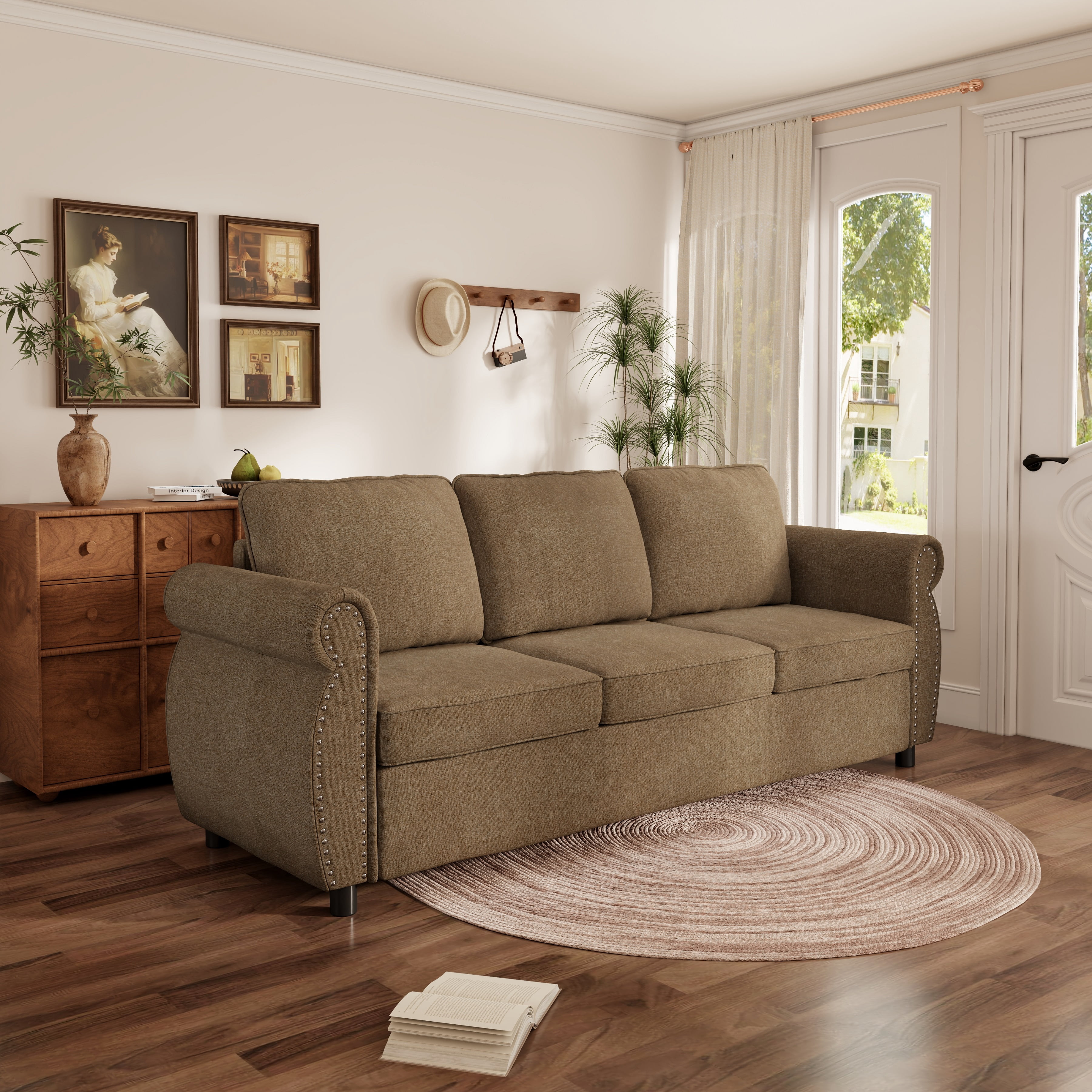 Muumblus Queen Size Pull Out Sofa Bed, 2-in-1 Convertible Sleeper Couches with Memory Foam Mattress, 3 Seat Sleeper Couch Beds for Living Room, Brown
