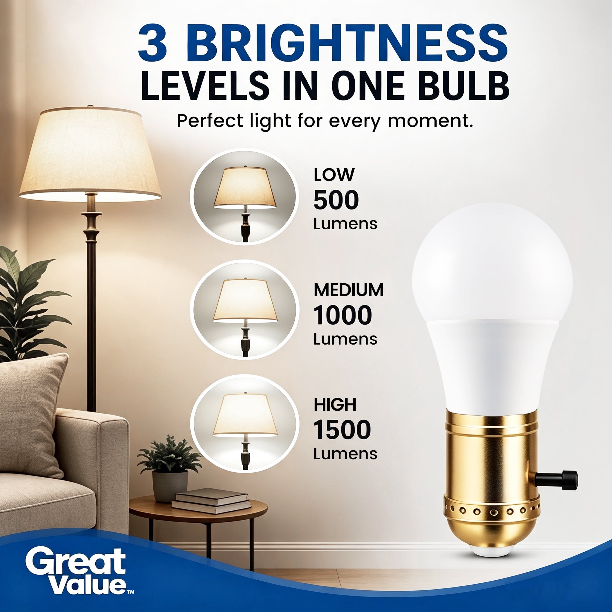 Great Value 3-Way LED Light Bulb, A21 Bulb Type, 50/100/150W Equivalent, Daylight 5000K, E26 Base