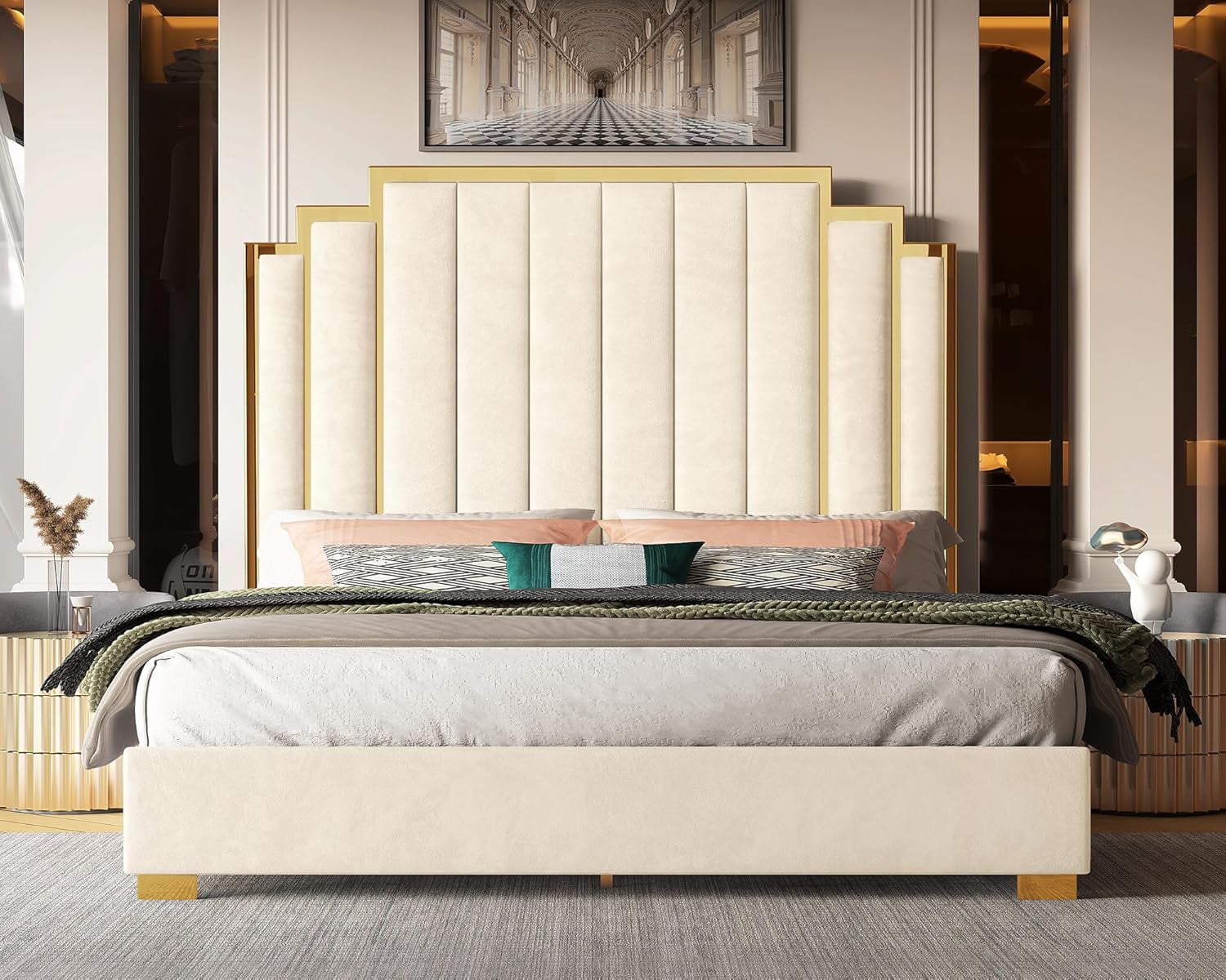 VanAcc King Size Platform Bed Frame, 61.4" Velvet Upholstered Bed: with Gold Trim Headboard/Wooden Slats/No Box Spring Needed/Cream
