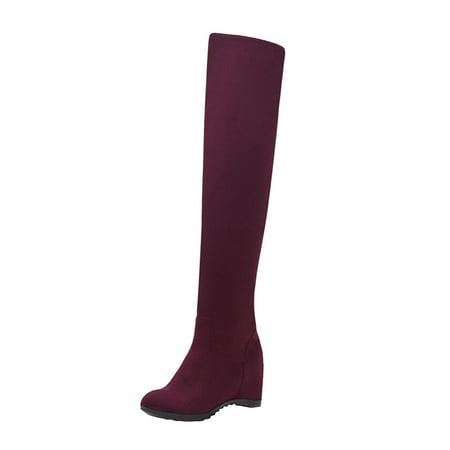 Ladies Fashion Solid Color Flock Round Toe High Elastic Knee Length Boots Women S Boots Size 9 Long Boots for Women over The Knee Front Zipper Tan over Knee Boots High Knee Shoes for Women Taupe over