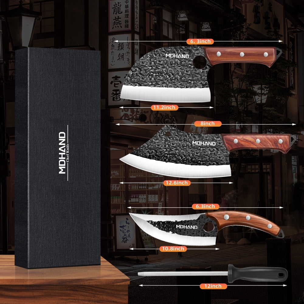 MDHAND Hand Forged Chef Knife Set 4 Piece Serbian Kitchen Cleaver High Carbon Steel Wood Handle Gift Box