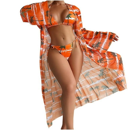 WREESH Women s 3-Piece Bikini Set with Kimono Cover-Up Long Sleeve Striped Maxi Cardigan & Open Front Beach Swimwear Orange