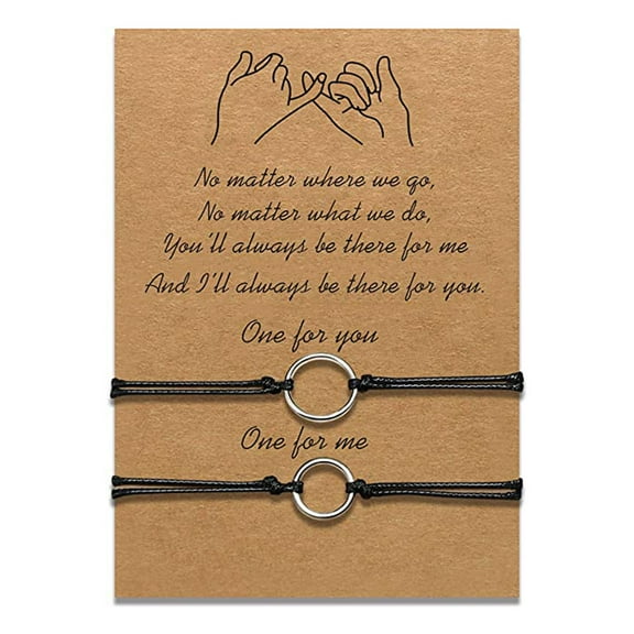 Fiaya Women Hollow Circle Braide Cord Bracelet, 1Pair Adjustable Handmade Couple Bracelet with Greeting Card, Geometric Jewelry Gift for Women Men (Black)