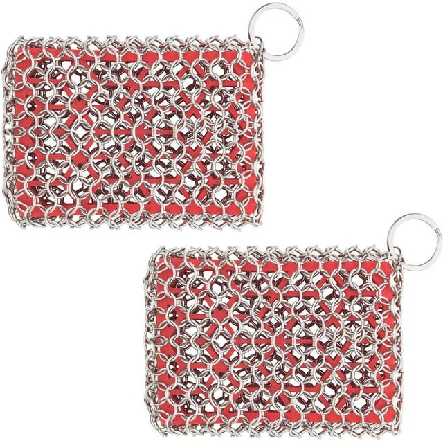 2 Pack Cast Iron Scrubber 316 Stainless Steel with Silicone Insert Durable Flexible Chain Cleaner Cleaner for All Types of Griddles Pots Skillet Grills Kitchen Cookware BBQ Tools & Ovens (Red*2)