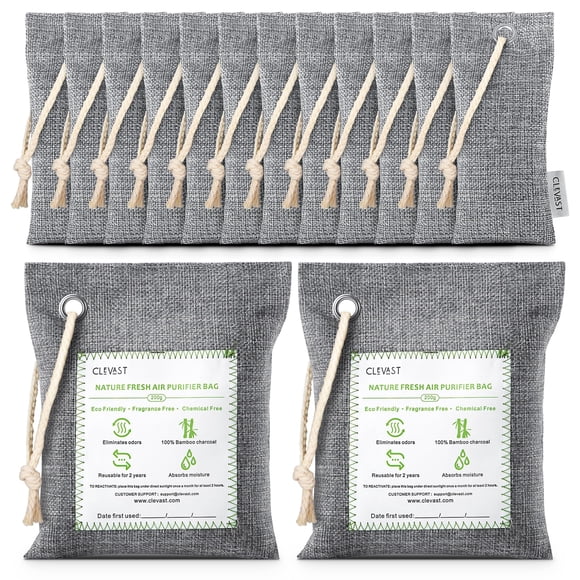 CLEVAST - Bolsas purificadoras de aire de carbón de bambú (2x200g, 12x50g), elimina olores y humedad, purificador de aire fresco natural, eliminador de olores para el hogar, coch