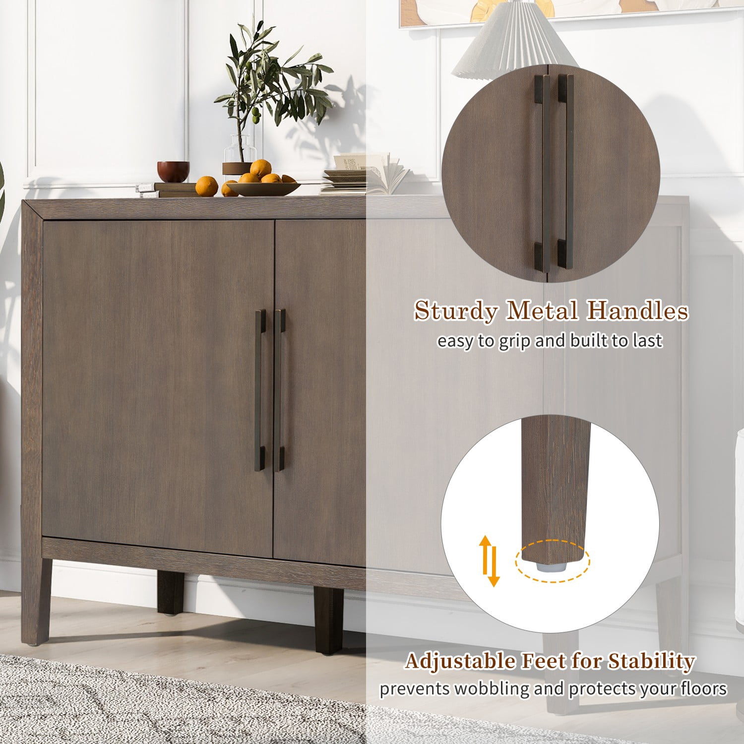 47.25" Farmhouse Sideboard Buffet Cabinet with Storage, 2 Door Wooden Coffee Bar Cabinet with Pine Veneer and Metal Handles for Kitchen, Living Room, Entryway, Brown
