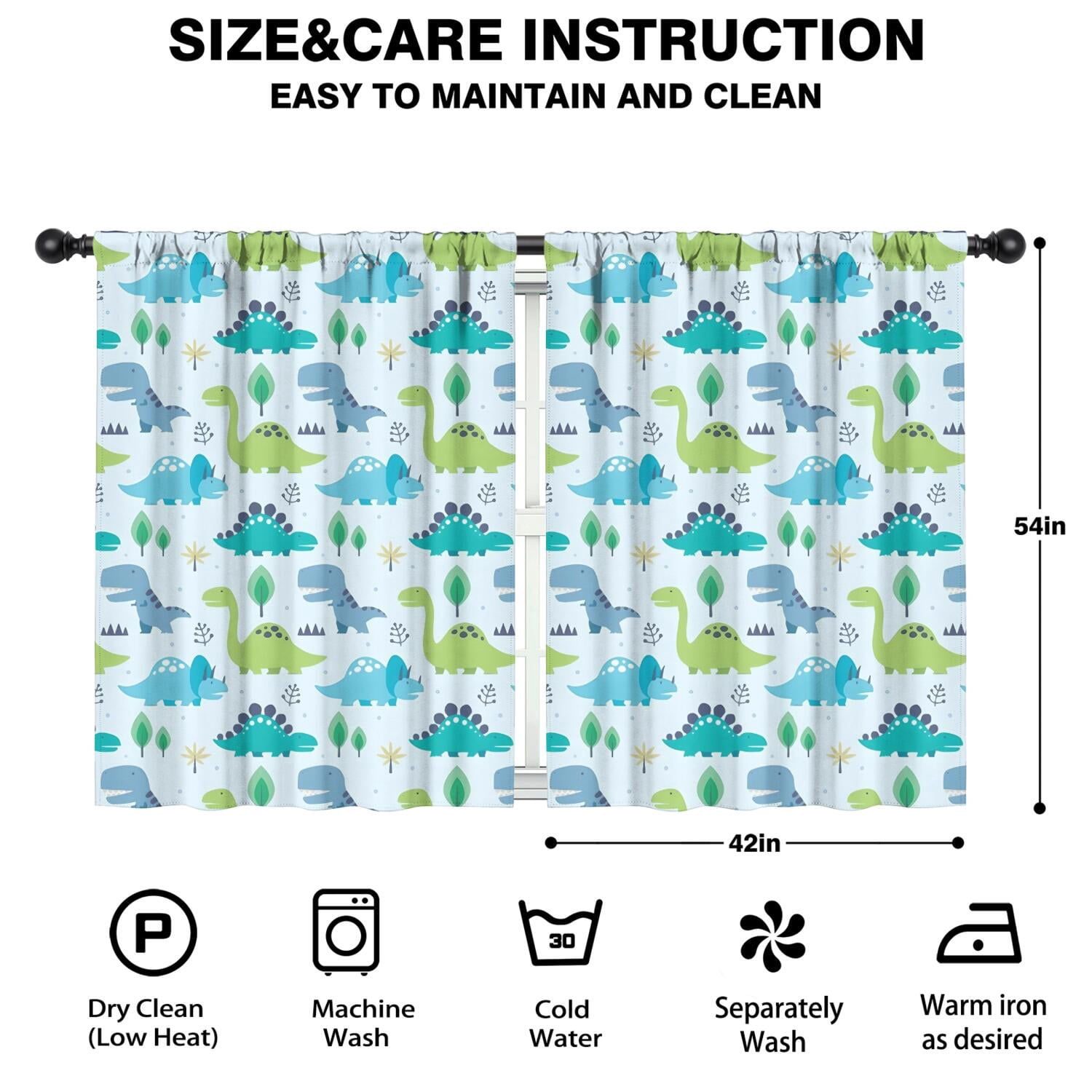 Blackout Kids Curtains,LightBlue Cartoon Dinosaurs Trees Pattern Childrens Insulated Curtains Set Of 2,Bedroom Essentials,Toddler Room Decor 42"x54"