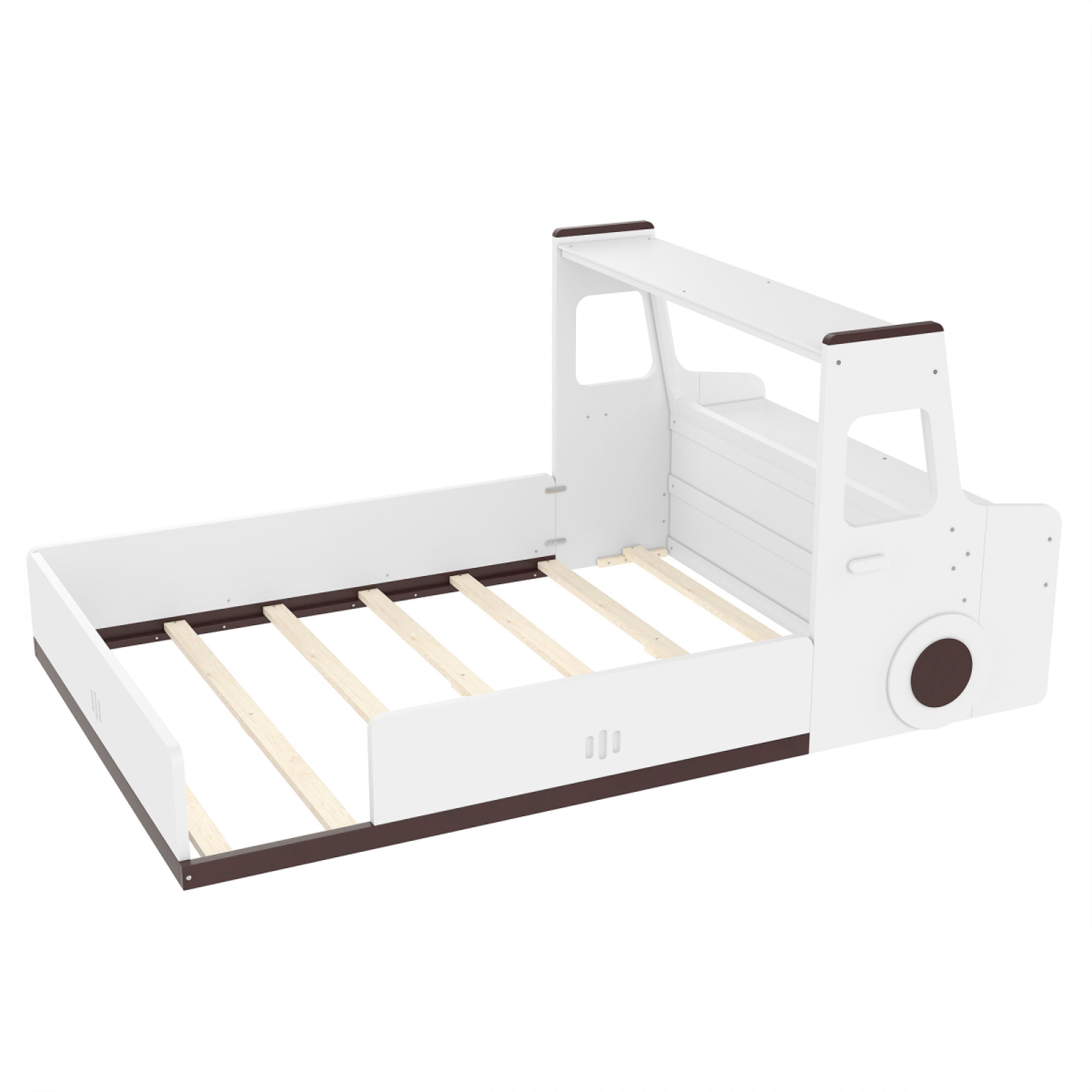 Full Size Car-Shaped Floor Bed - with Storage Drawers, Window & Desk for Bedroom,Light White