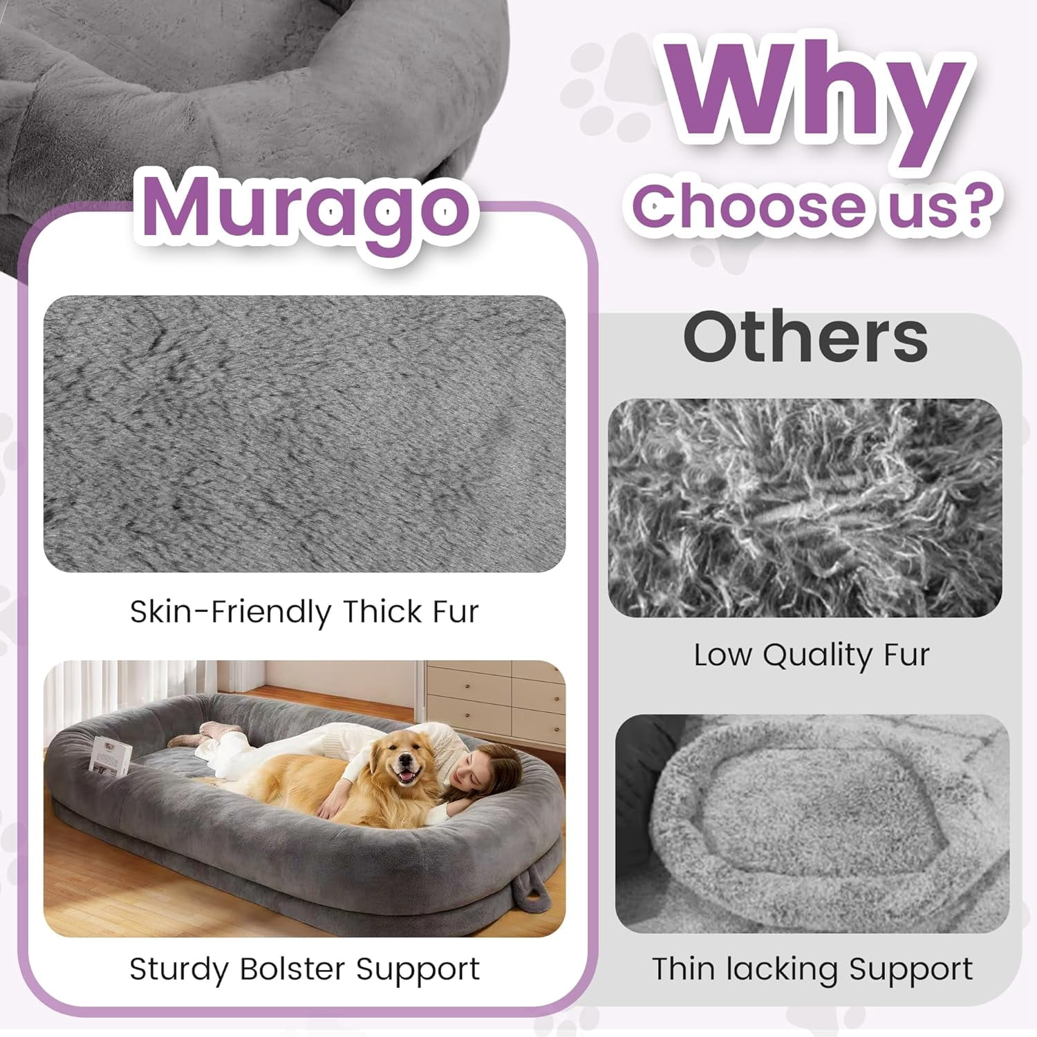 Murago 71"x43"x10" Human Dog Bed for Adults, Orthopedic Calming Lounger for People & Pets, Light Grey