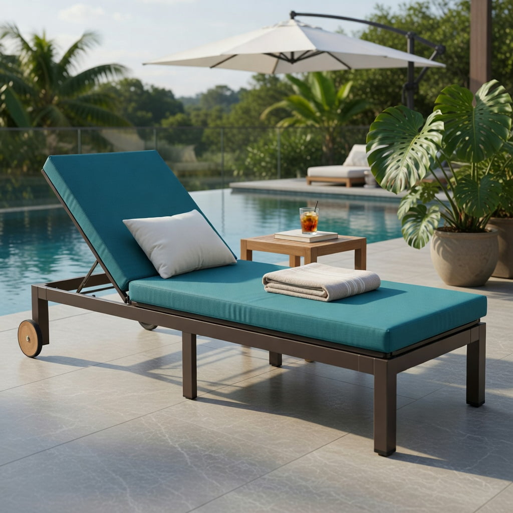 Hommoo Outdoor Chaise Lounge Chair, PE Rattan & Acacia Wood Recliner with Adjustable Backrest, Wheels & Removable Cushion for Patio, Deck, or Poolside, Turquoise