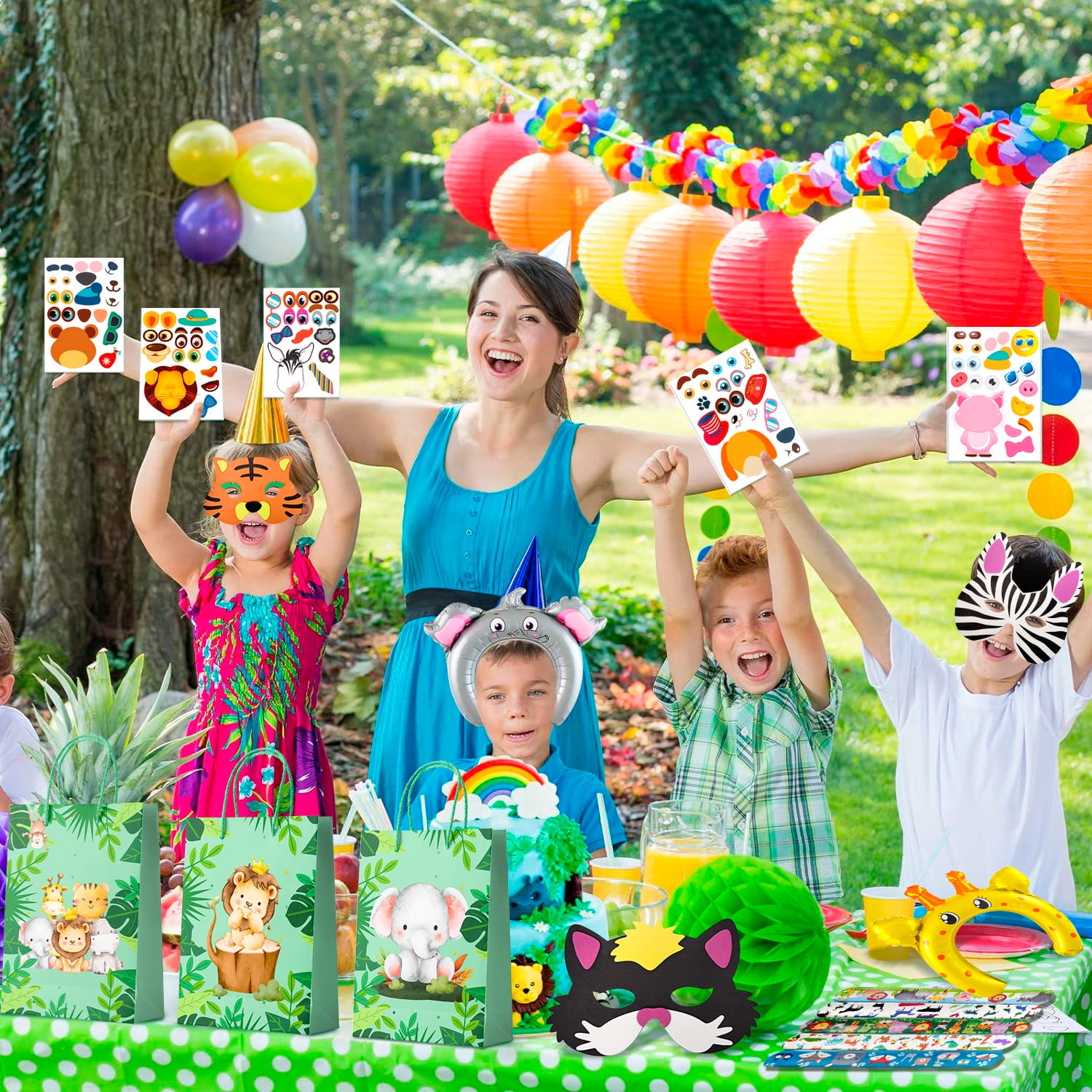 Jungle Safari Party Favors, 60pcs Jungle Safari Birthday Party Favors Set Includes Safari Party Slap Bracelets Stickers Straws Balloon, Animal Mask, Safari Goodie Bags