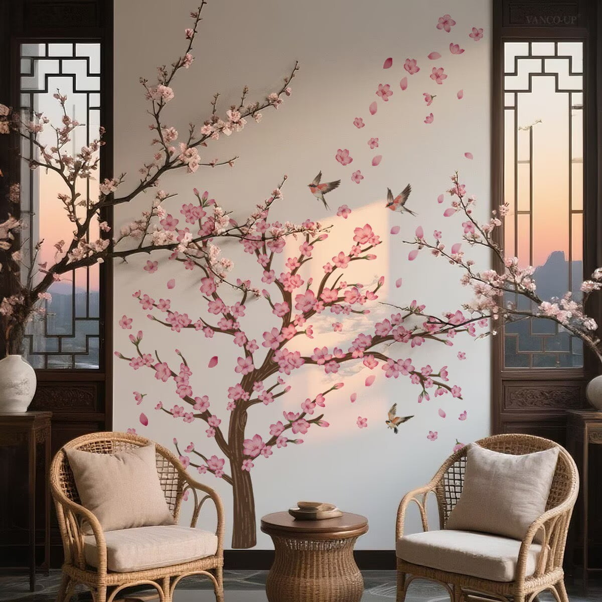 Cherry Blossom Tree Wall Stickers Decals Peel and Stick Removable Wall Stickers for Kids Nursery Bedroom Living Room décor Floral Bird Furniture Art Baby Birch