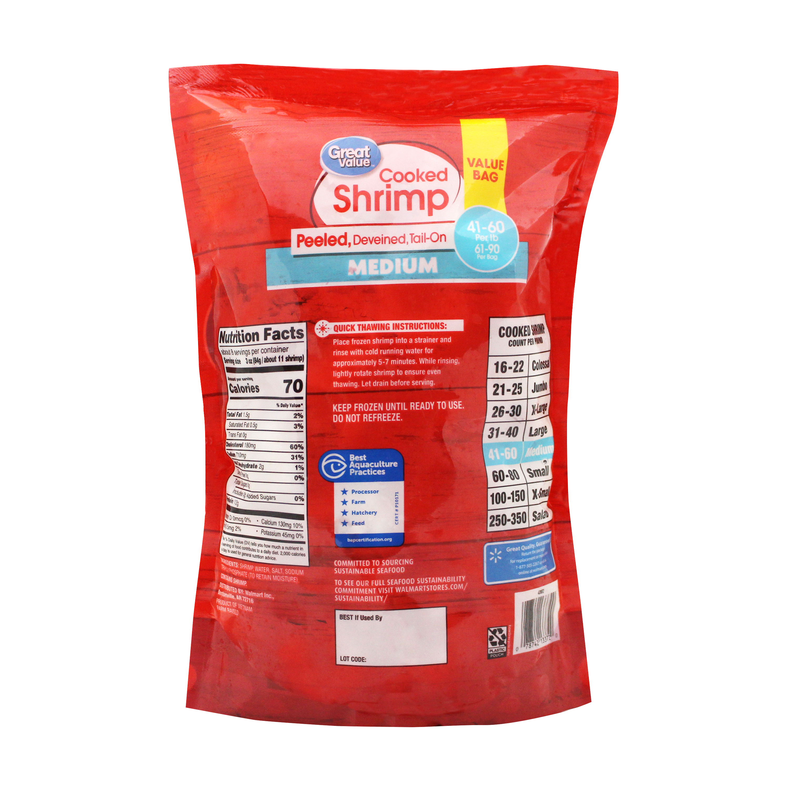 Great Value Frozen Cooked Medium Peeled Deveined Tail-On Shrimp, 24 oz Bag (41-60 count per lb) - image 8 of 10