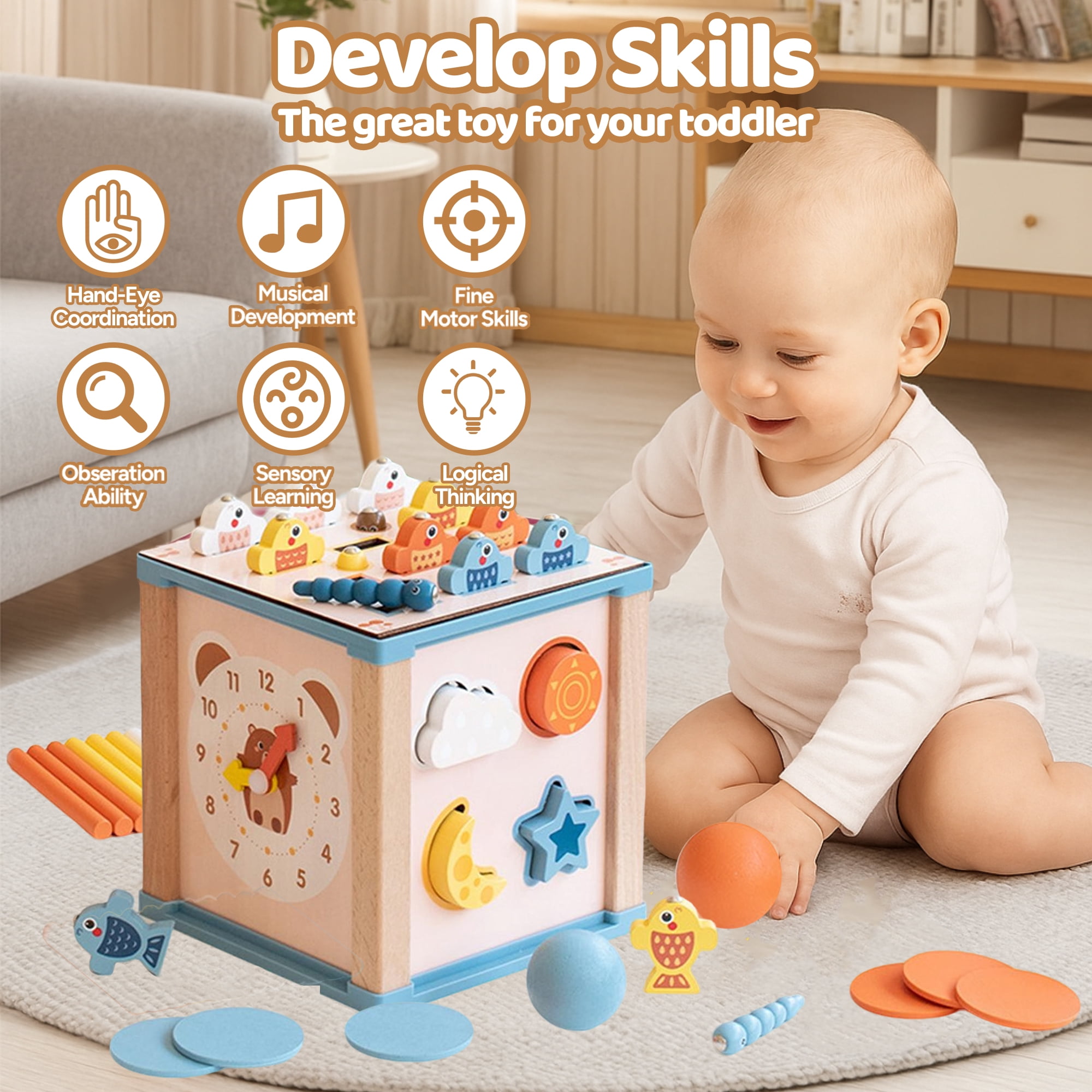 LieGorJi 8 in 1 Wooden Activity Cube, Montessori Toys Set, Educational Developmental Toy, Birthday Gifts for 6-12 Month 1-3 3-5 Year Old