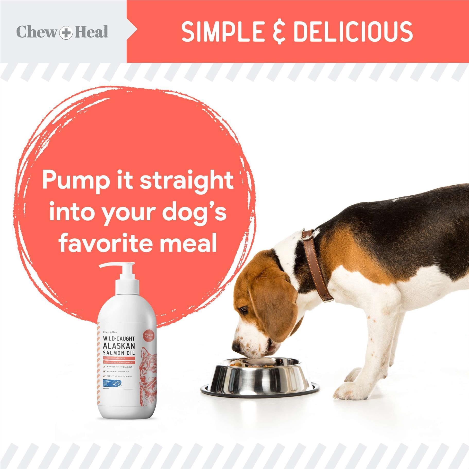 Chew + Heal Pure Wild Caught Alaskan Salmon Oil for Dogs - MSC Certified - 16 oz. Pump Cap - Omega-3 and 6, EPA, and DHA