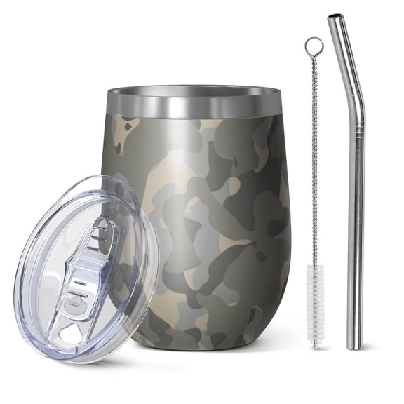 Camouflage 12oz Stainless Steel Insulated Wine Tumbler with Lid and Straw – Double Wall Vacuum Mug for Hot & Cold Drinks, 304 Steel Interior, Sweat-Free Design