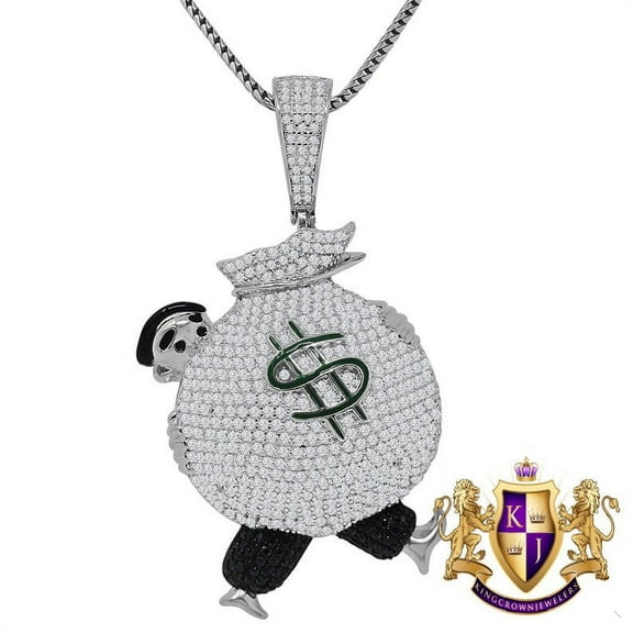 Mens Real Sterling Silver 14K white Gold Finish Simulated Diamond Walking Money Bag Cash Pendent Charm Chain Set