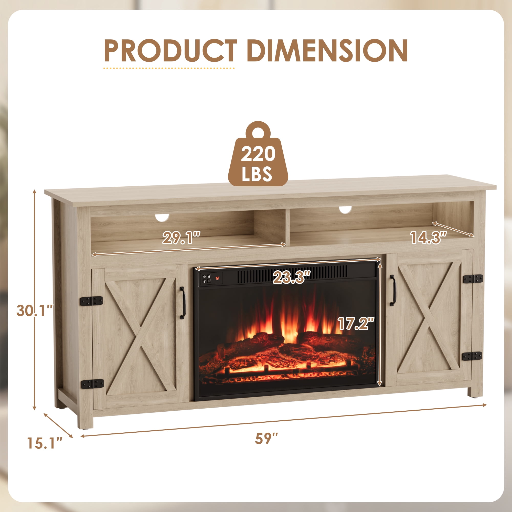 Homall Rustic 65" Television Stand with Electric Fireplace & 2 Shelves, Wood Oaken, 15.1'' W