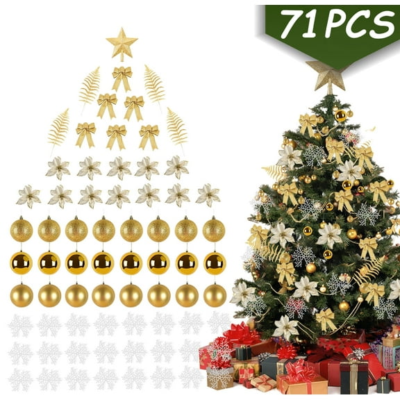 Christmas Tree Ornaments Set with Glitter Poinsettia, Bows, Balls, Leaves Snowfakes & Assorted Decoration Ball for Xmas Tree Holiday Wedding Party Decorations Gold 71PCS