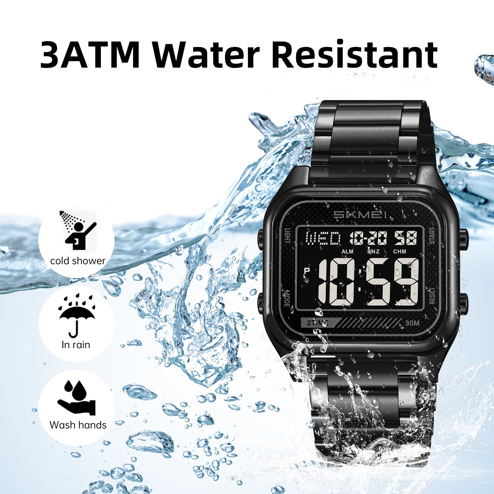 SKMEI Men's Digital Stainless Steel Watch Large Face LED Casual Sport Watches Waterproof Dual Time Date Wristwatch