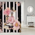 thumbnail image 2 of Pink Floral Shower Curtain Modern Fashion Girly Bath Curtain Romantic Makeup Themed Bathroom Decor Black White Stripe Waterproof Curtain Women Perfume Print Curtain,72" W x 72" L, 2 of 5