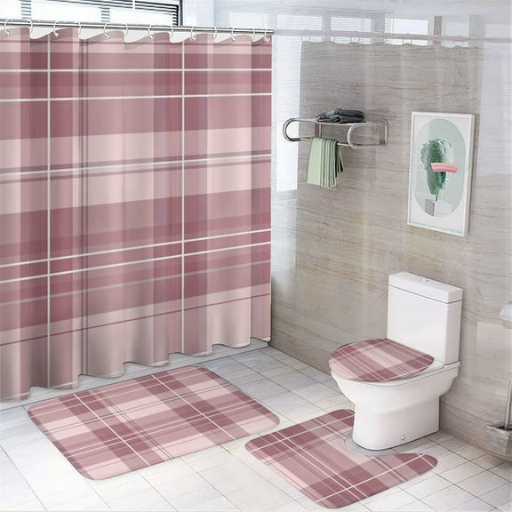 Pink Plaid Pattern Fabric Shower Curtain Set Modern Bathroom Decor Mats 4pcs Fabric Bathroom Curtain Slip Floor Rug Toilet Lid